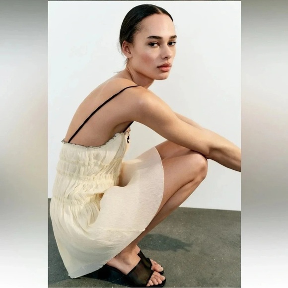 ZARA LITTLE BOW ECRU TEXTURED DRESS - Picture 11 of 11